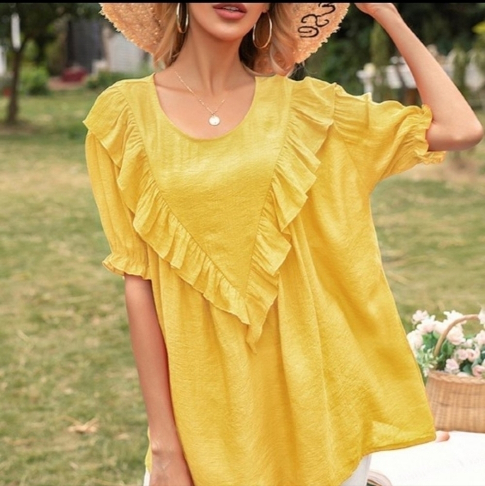 💚HP💚Cotton Blend Yellow Ruffle Summer Top - Picture 1 of 3